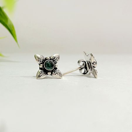 Oxidised Green Stone Flower 925 Sterling Silver Earring